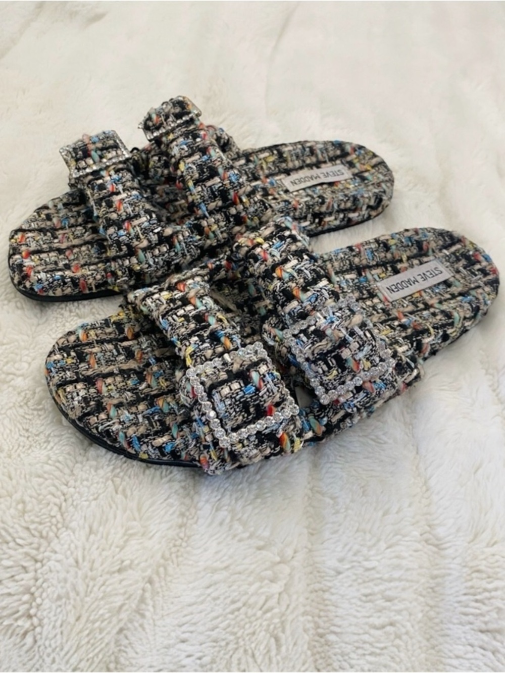 Steve Madden Colorful Tweed Rhinestone Slide Sandals Size 10